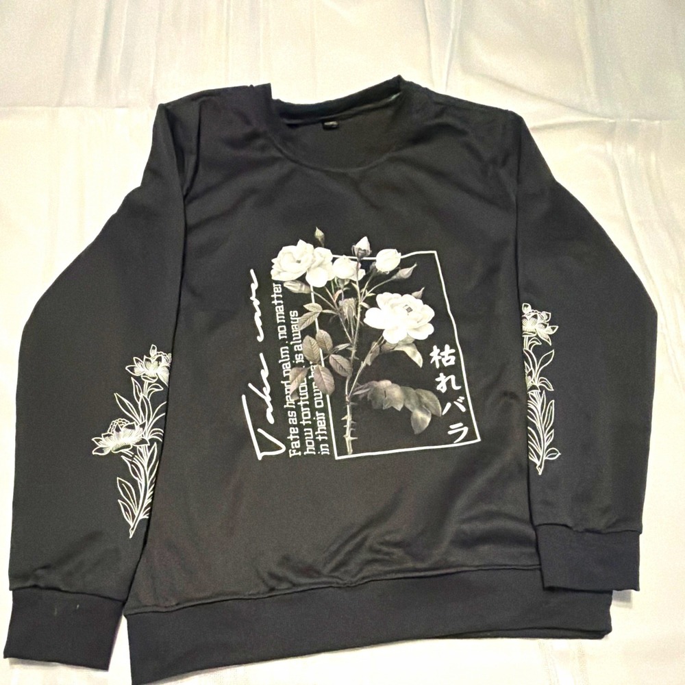 Manfinity Mens Black Floral Rose Graphic Sweatshirt Japanese Text Size M